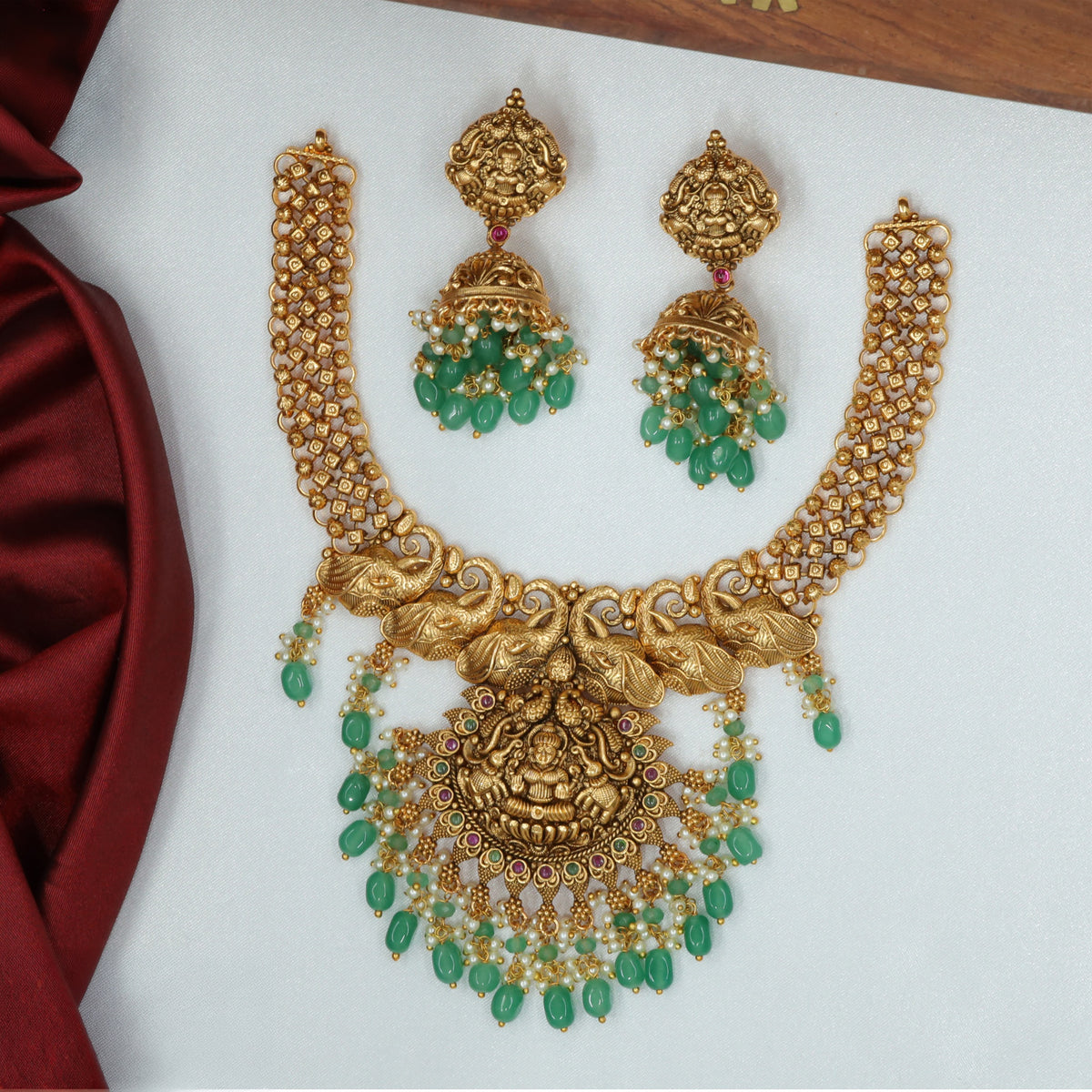 Peacock Crest Antique Necklace With Goddess Lakshmi Pendant