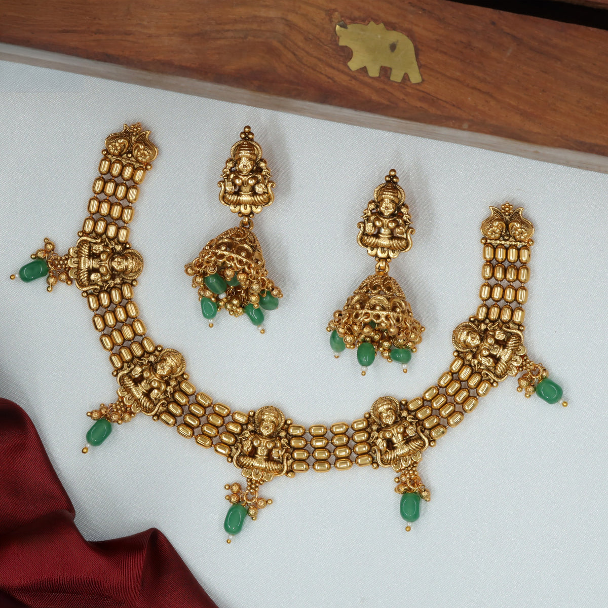 Traditional Lakshmi Antique Necklace With Hanging Drop Accents