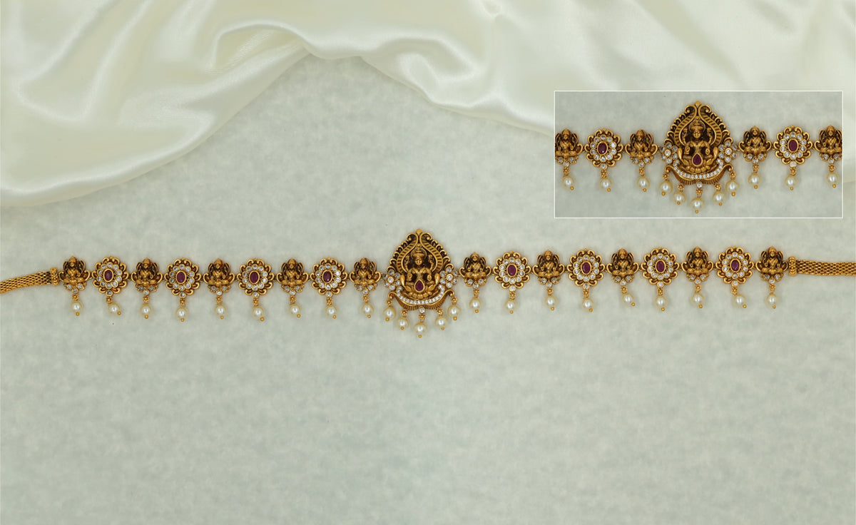 Antique Waist Belt With Lakshmi Centrepiece And Pearl Drops