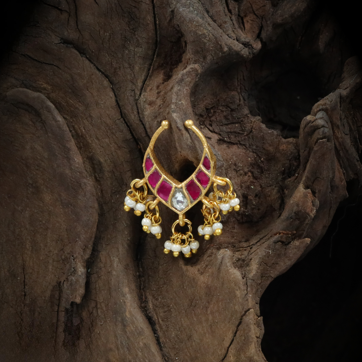Traditional jadau nose ring with panel work and suspended bead drops