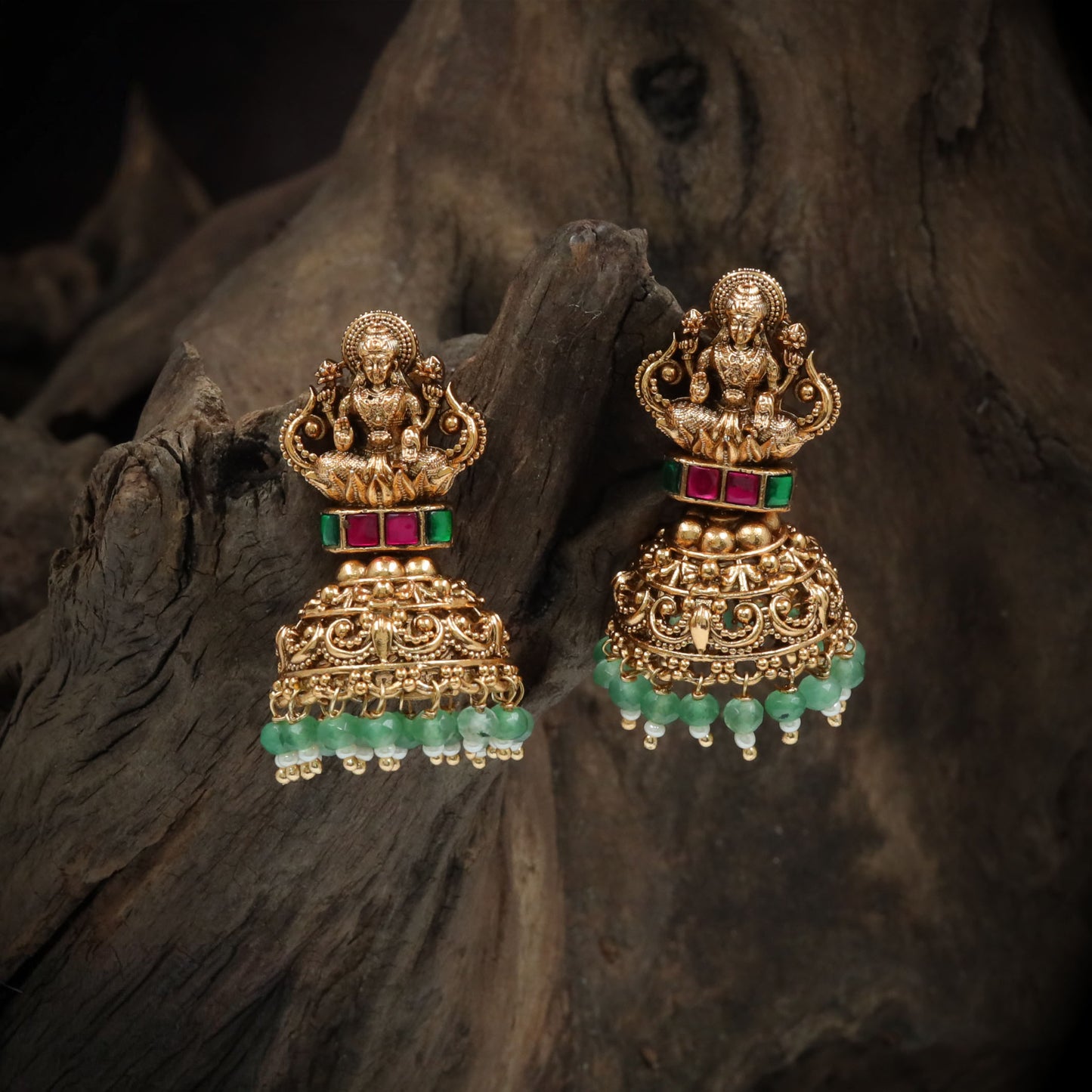 Lotus Seated Lakshmi Jumka with Layered Dome and Bead Drop Fringe