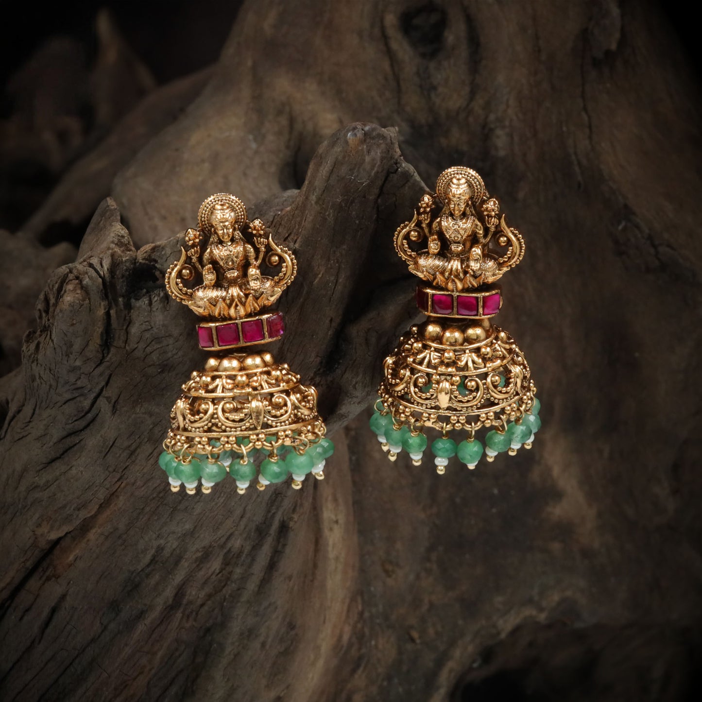 Lotus Seated Lakshmi Jumka with Layered Dome and Bead Drop Fringe