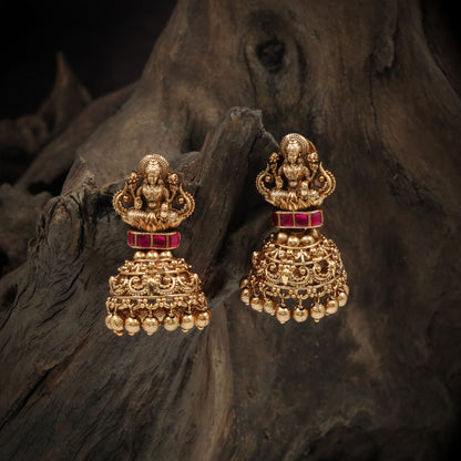 Lotus Seated Lakshmi Jumka with Layered Dome and Bead Drop Fringe