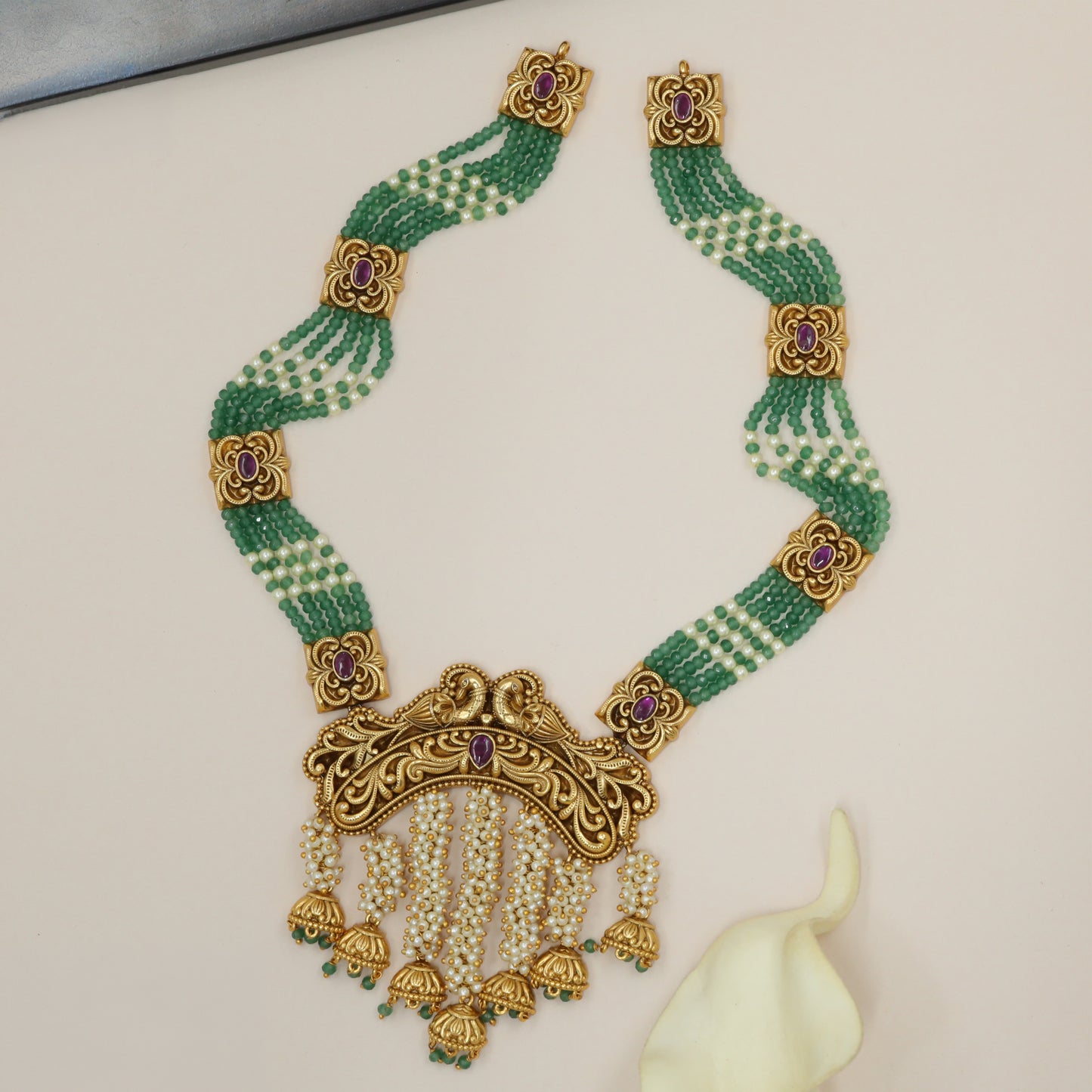 Antique long haara with peacock arch and cascading bead pendant