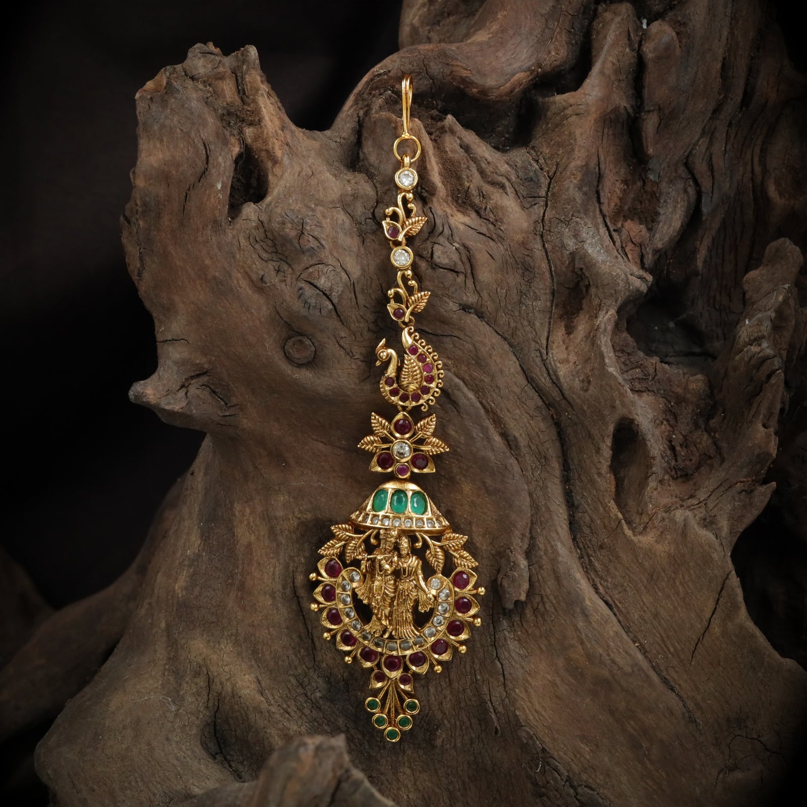 Radha Krishna Temple Tikka with Sculpted Divine Couple Pendant