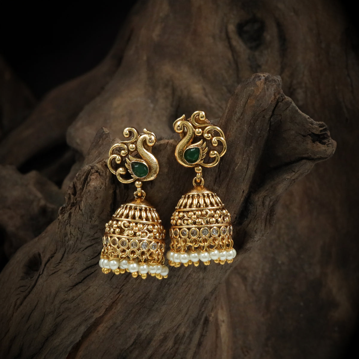 Antique Peacock Scrollwork Pearl Drop Jumka Earrings