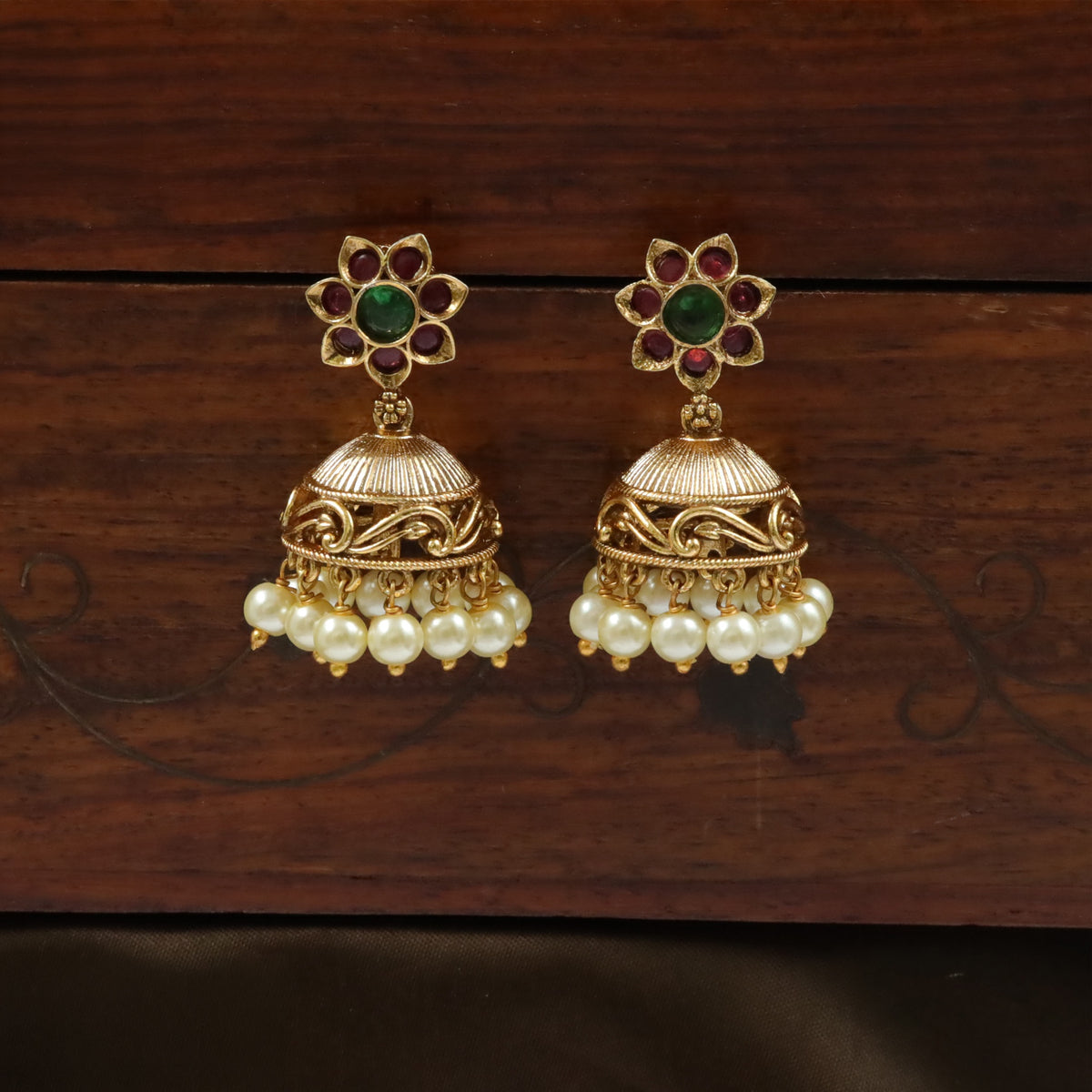 Antique Jumka With Floral Studs And Pearl Fringe