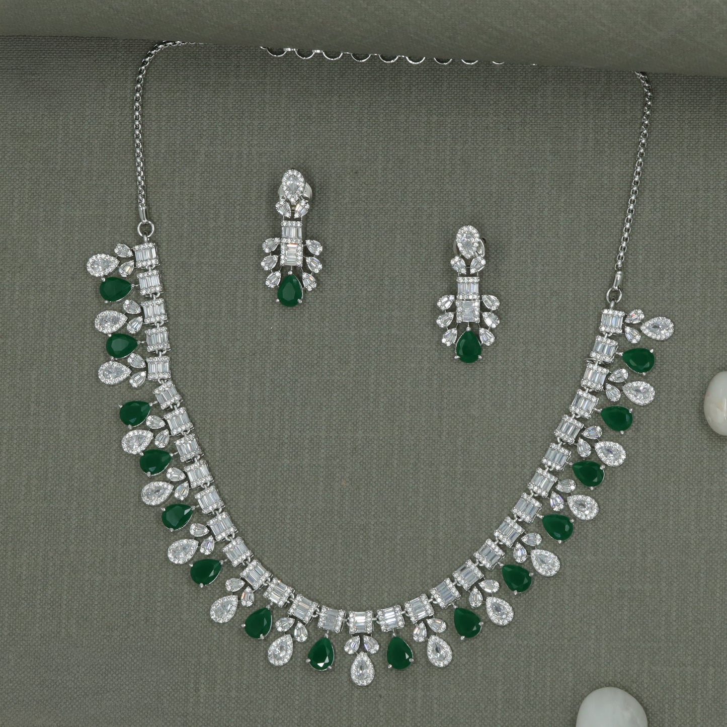 Rhodium Necklace with Repeating Teardrop Drops and Rectangular Linkwork