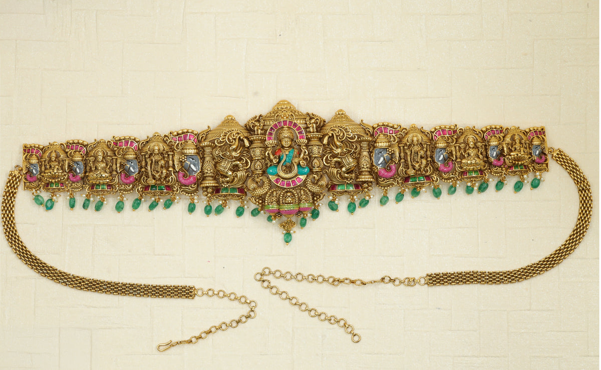 Antique Waist Belt With Central Lakshmi Pendant And Peacock Detailing