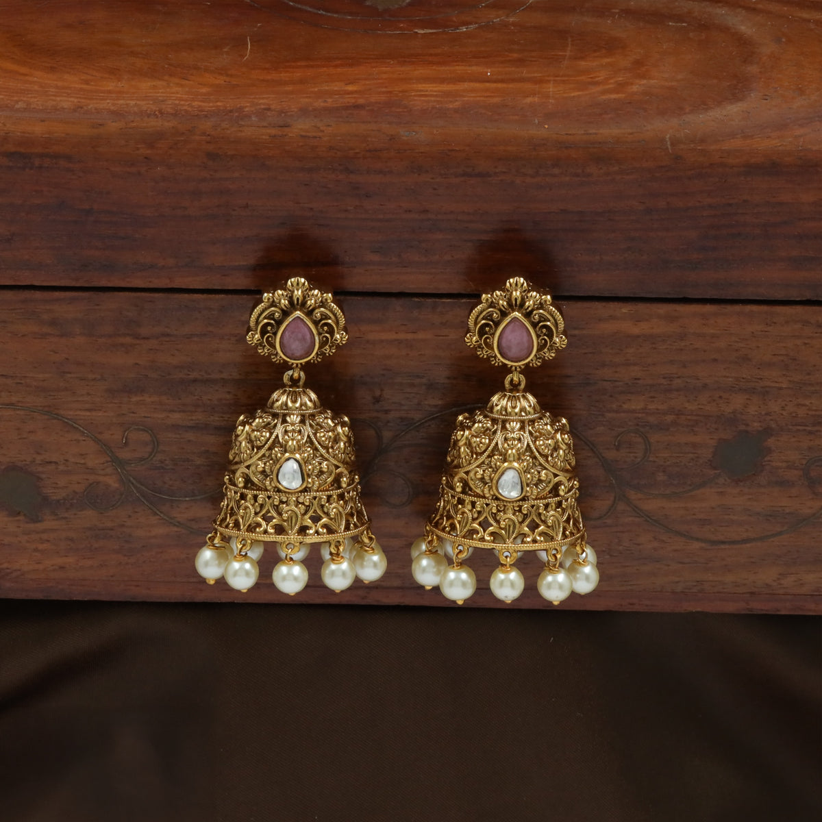 Antique Teardrop Stud Floral Dome Jumka Earrings