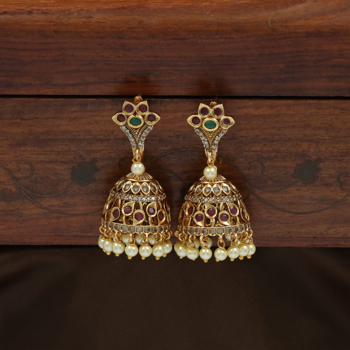 Antique Jumka Earrings With Floral Stone Design