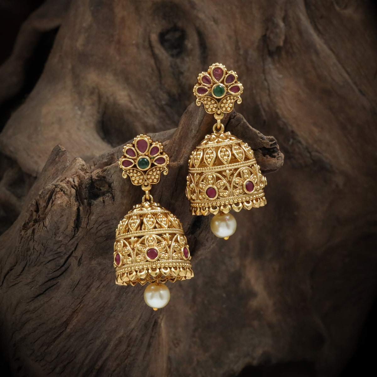 Antique Jumka with Floral Studs and Geometric Dome Patterns