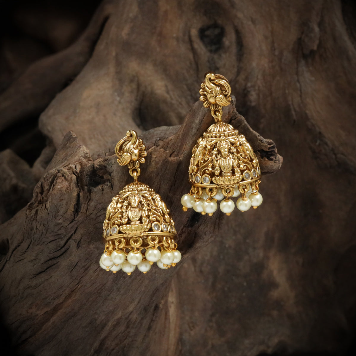 Antique Jumka with Goddess Lakshmi Figures and Pearl Drops