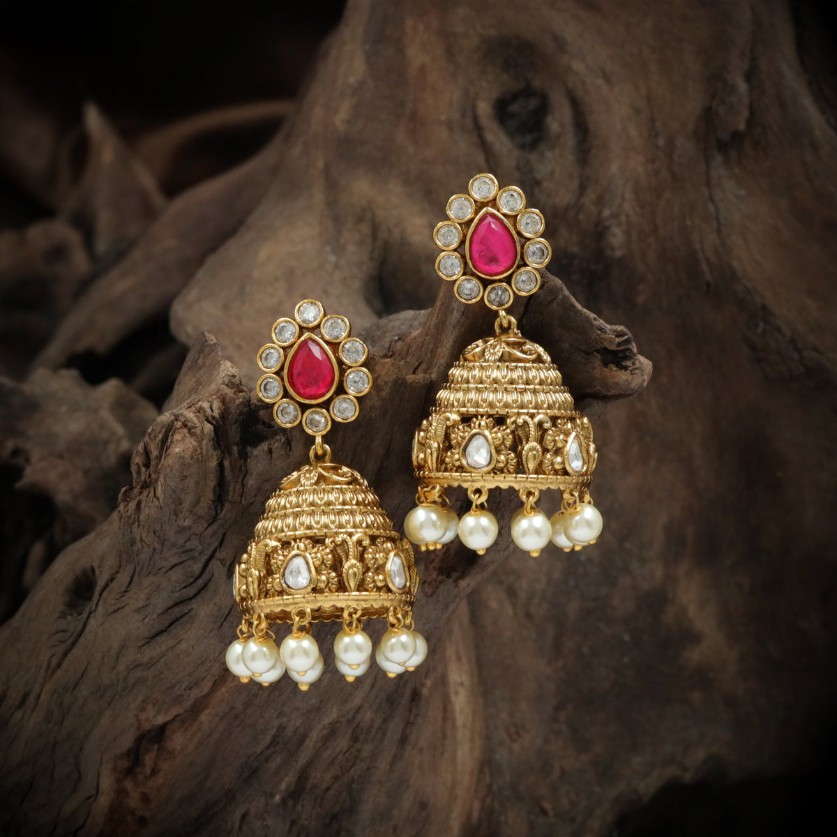 Antique Radiating Teardrop Oval Setting Jumka Earrings