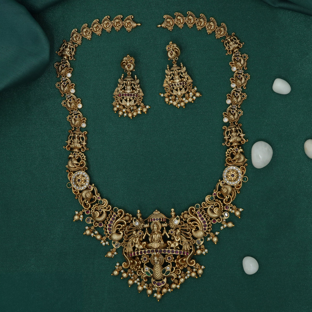 Antique Long Haara Showcasing Lakshmi Figures and Ornamental Drops