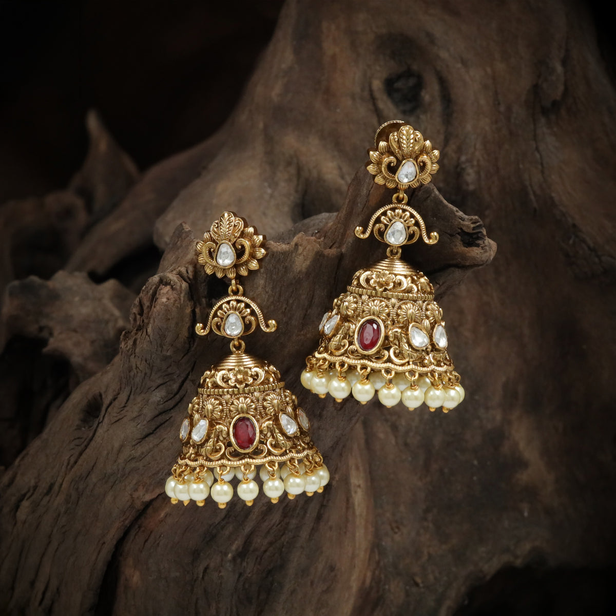 Antique Floral Crest Stone Accent Jumka Earrings
