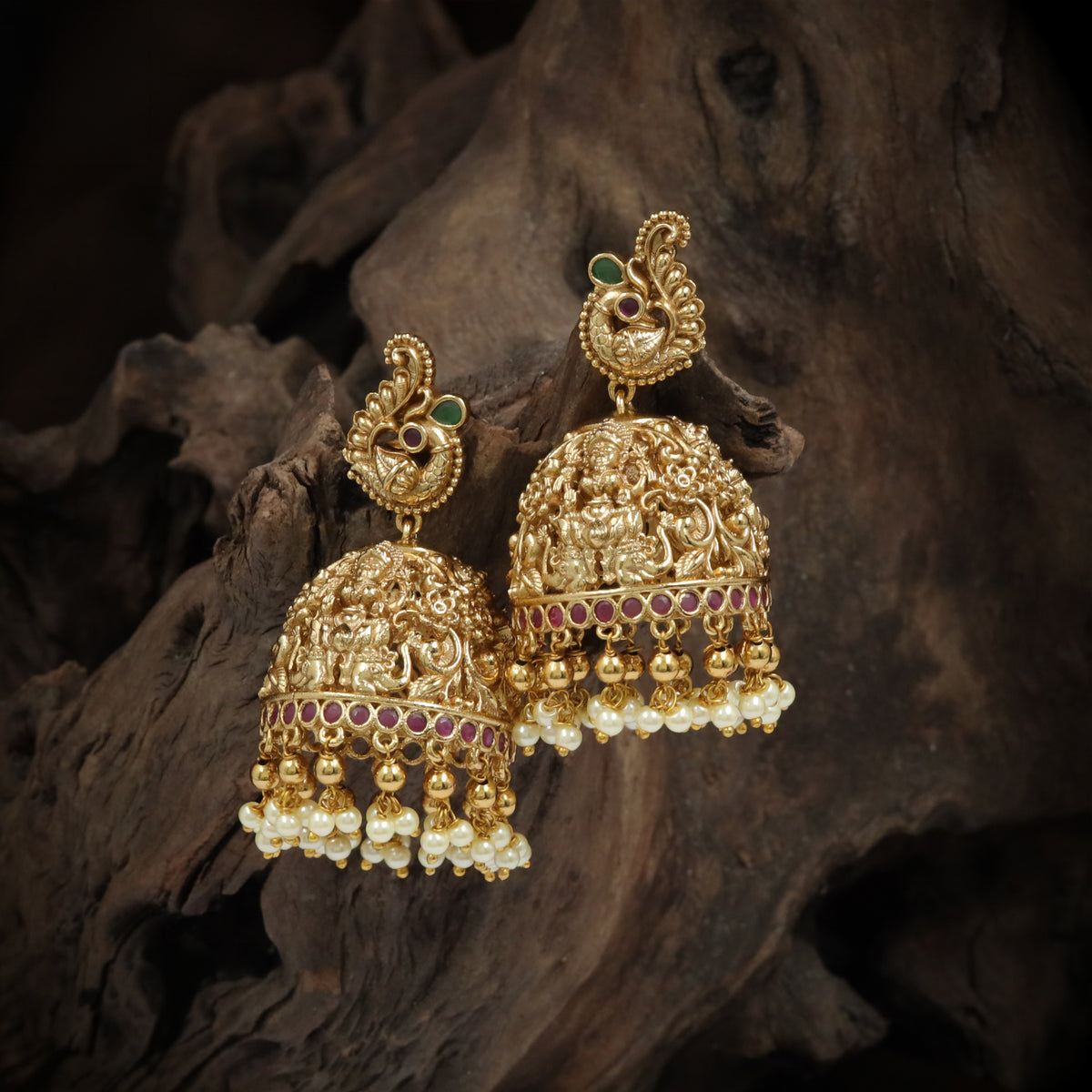 Antique Lakshmi Peacock Pearl Fringe Jumka Earrings