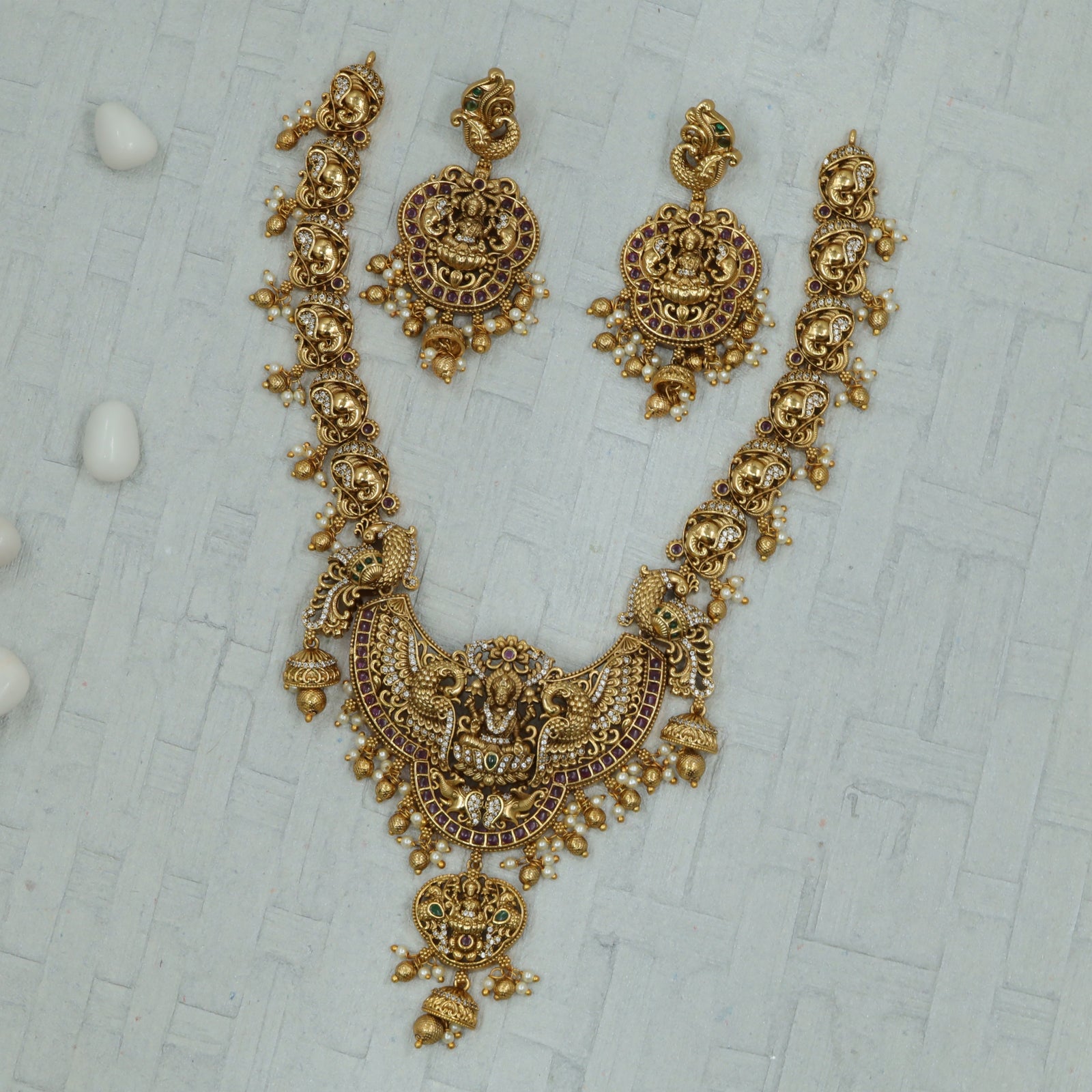 Antique-Finish Gold Necklace Set with Sculpted Goddess Motif