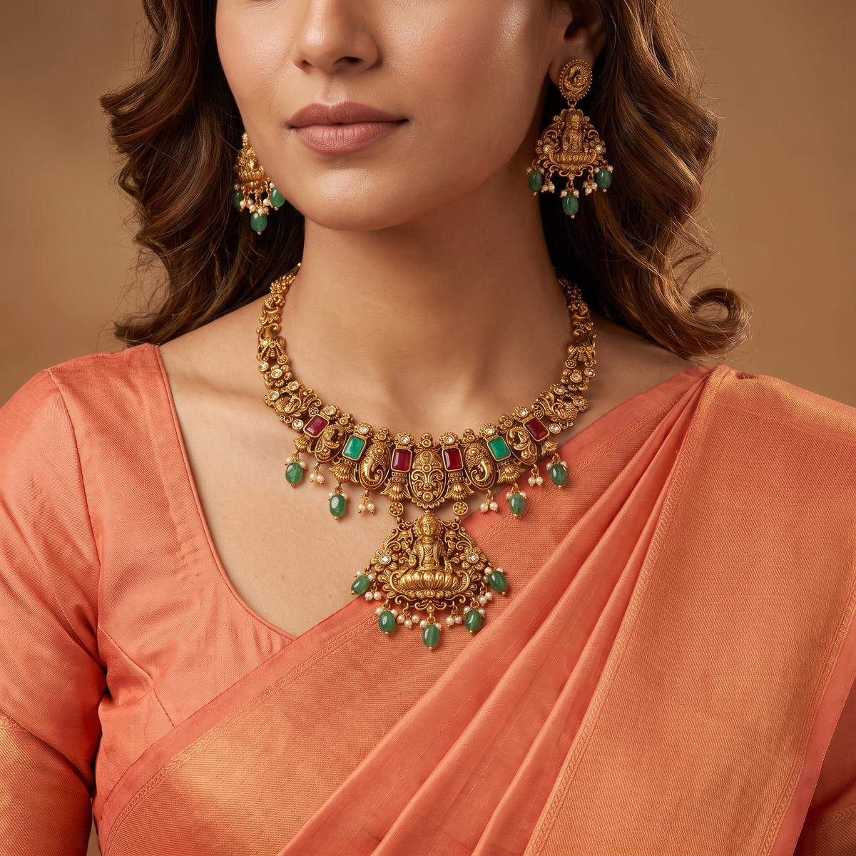 Antique-Finish Gold Necklace Set with Lakshmi Motif