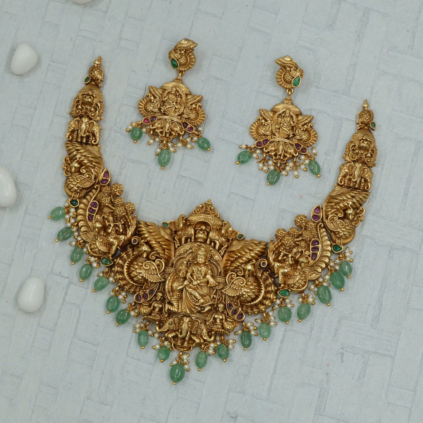 God Vishnu-Lakshmi Winged Peacock Panel Necklace Set