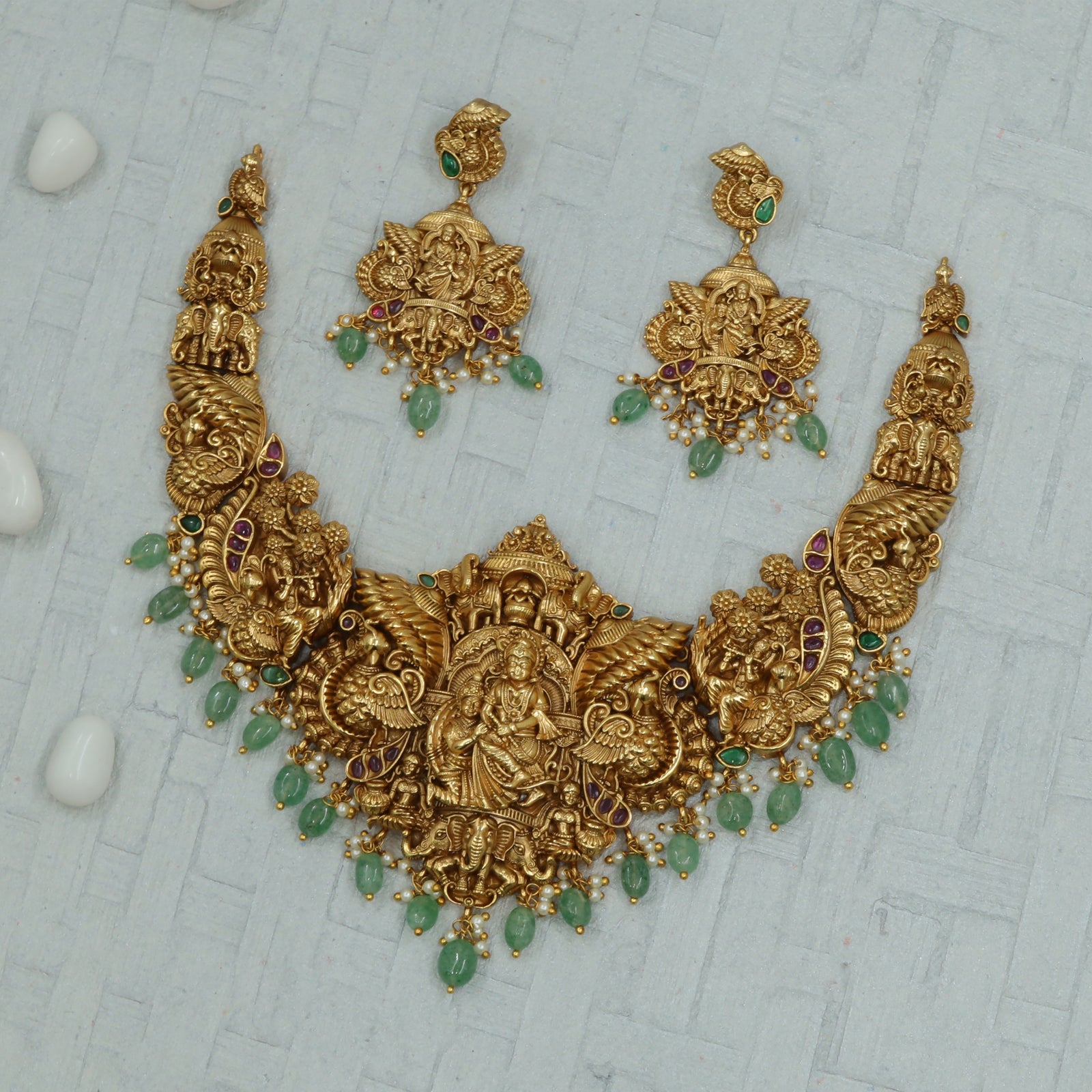 God Vishnu-Lakshmi Winged Peacock Panel Necklace Set