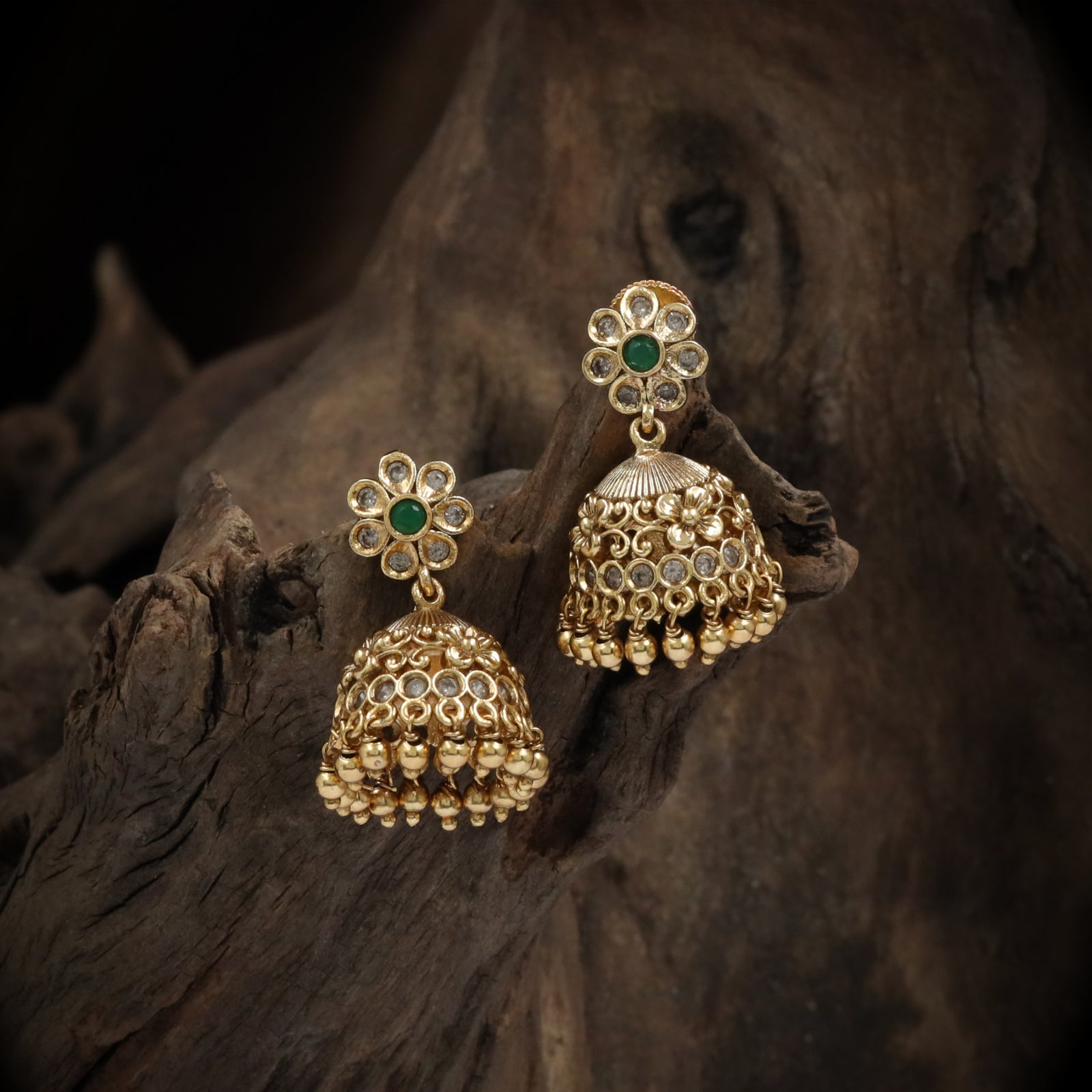 Antique-Finish Gold Jhumka with Floral Stud & Pearl Drops