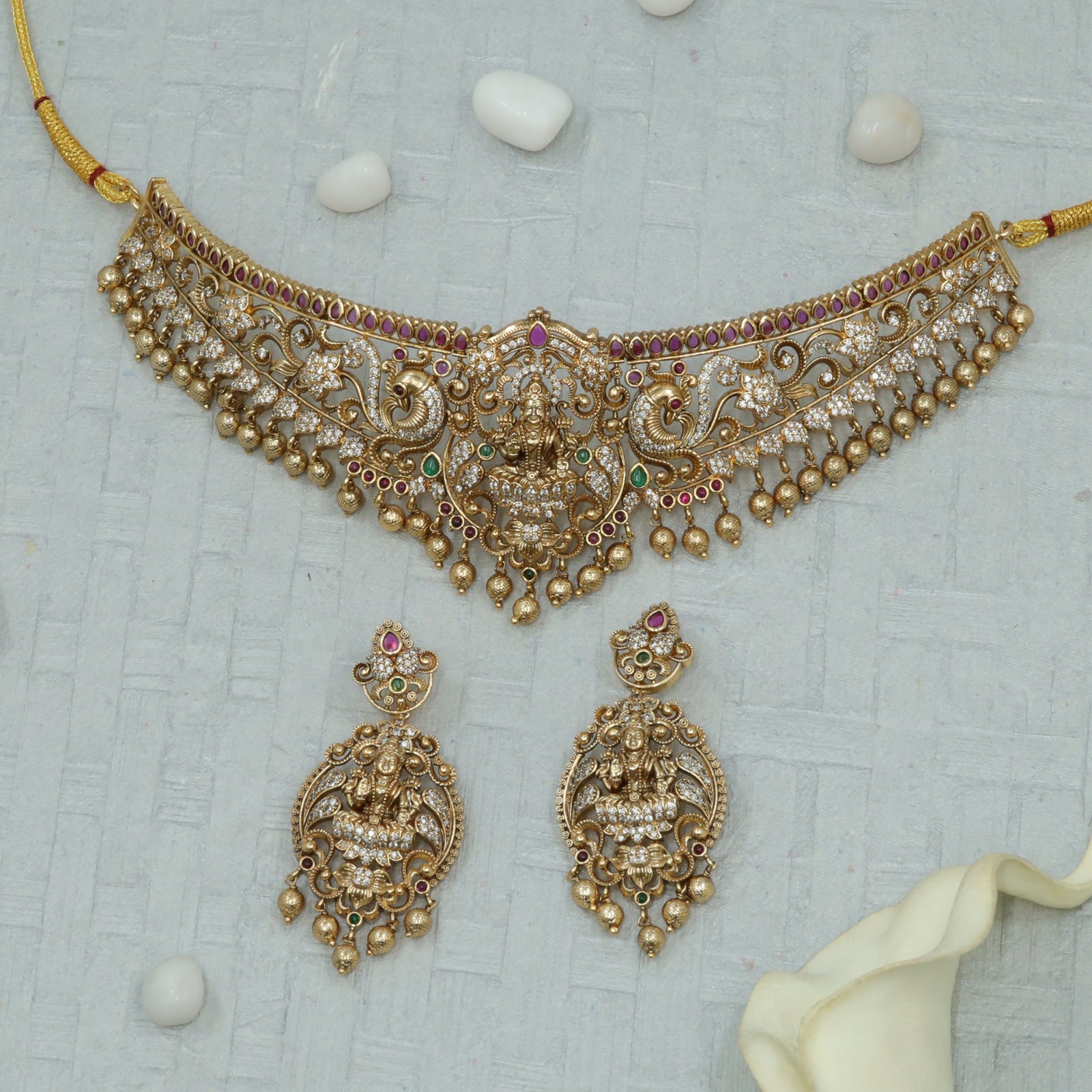 Antique Goddess Lakshmi Peacock Scroll Choker Set