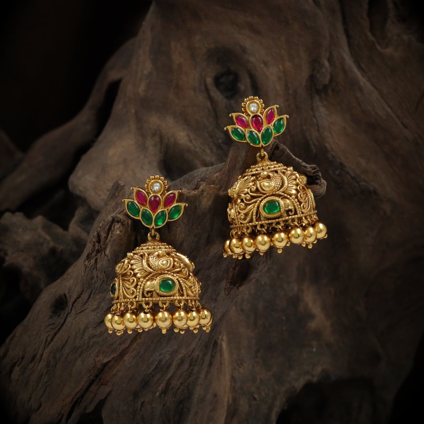Antique Lotus Crest Temple Jhumka Earrings