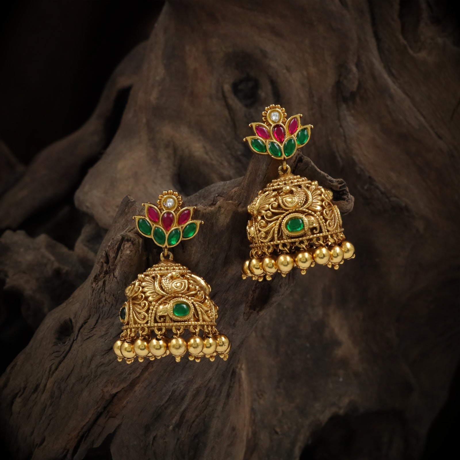 Antique Lotus Crest Temple Jhumka Earrings