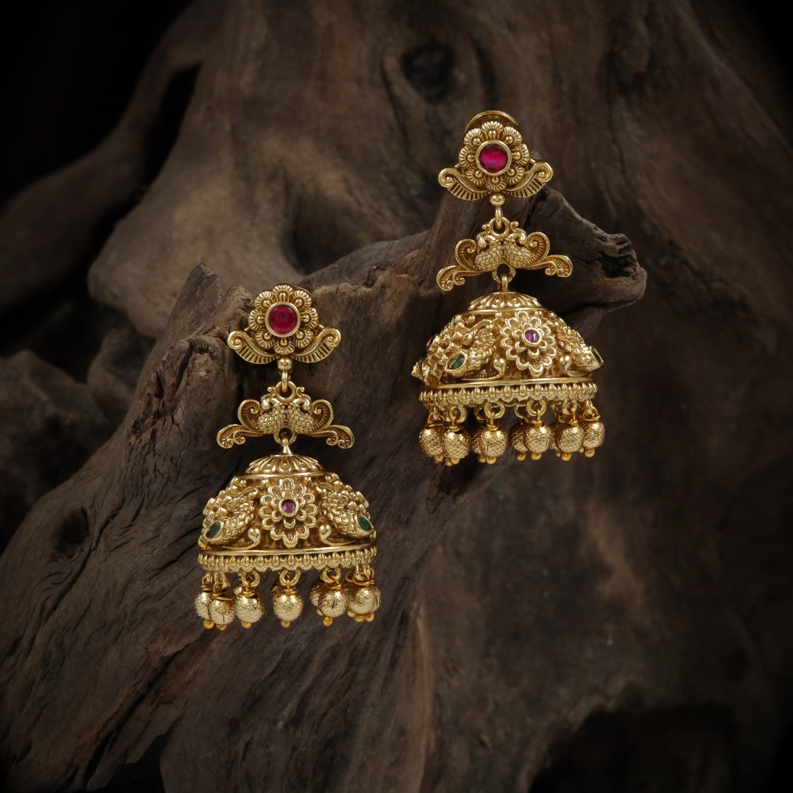 Antique Floral Crest Temple Jhumka Earrings