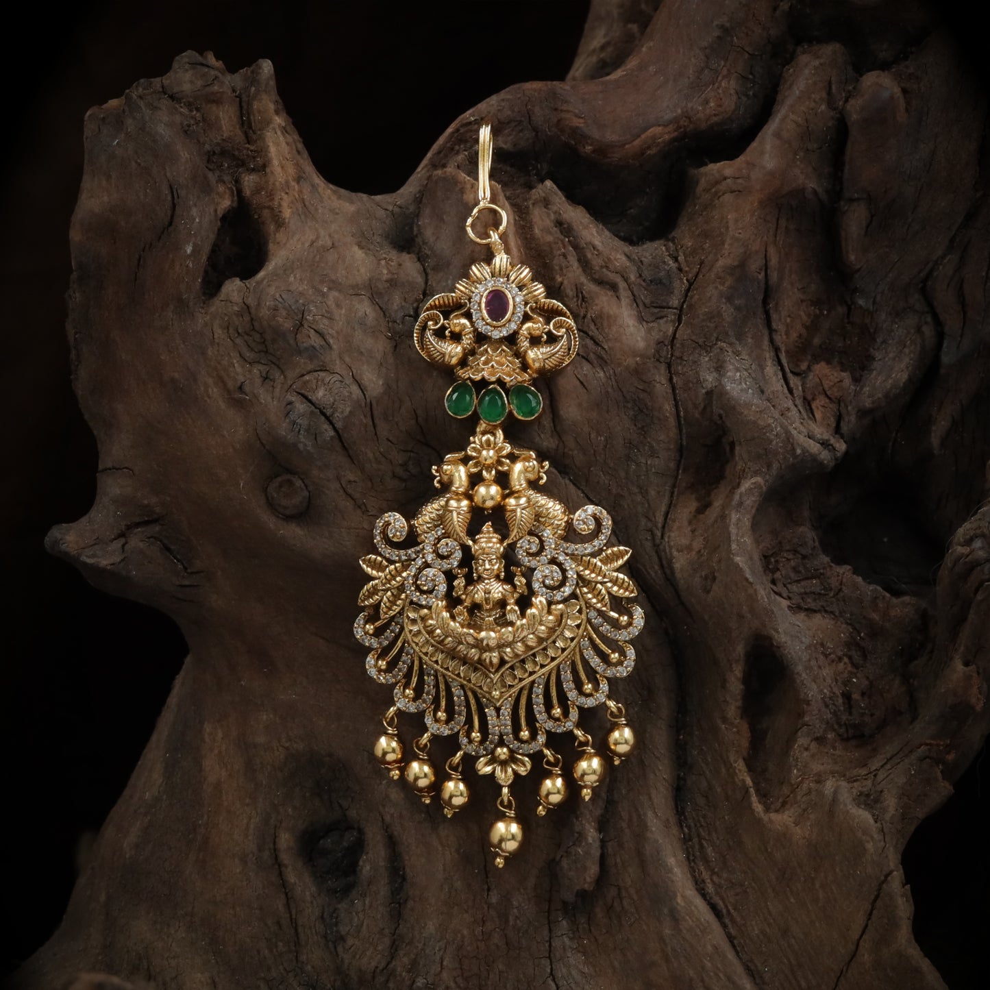 Antique Goddess Lakshmi Ornate Peacock Maang Tikka