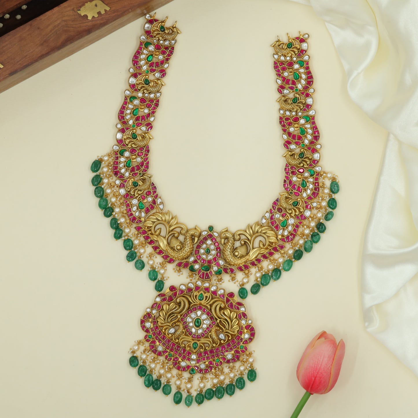 Peacock-Decorated Jadau Long Haara with Pendant Focus