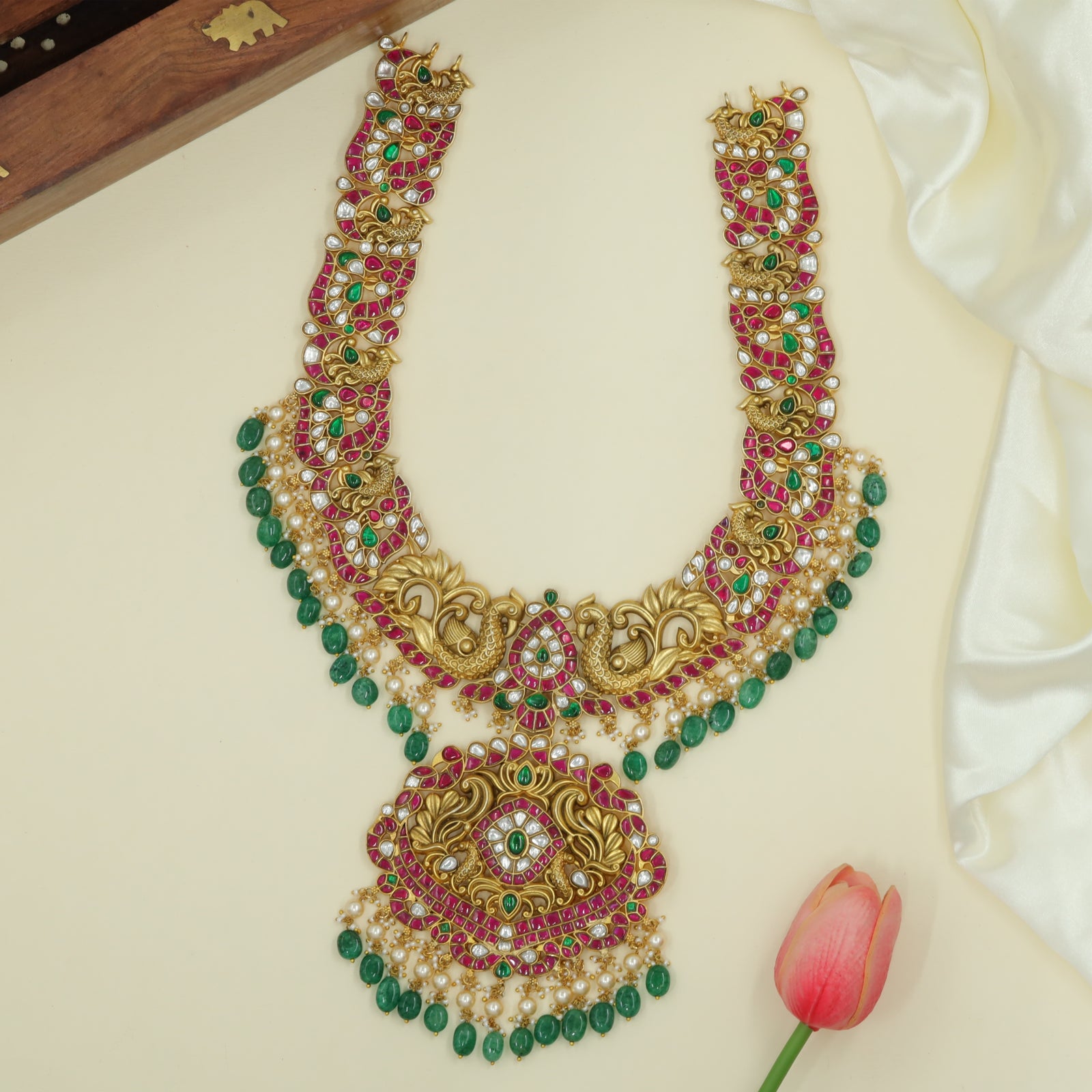 Peacock-Decorated Jadau Long Haara with Pendant Focus