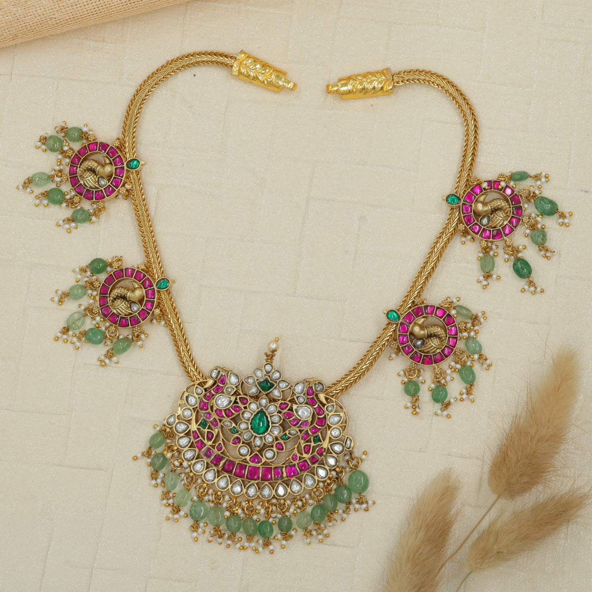 Royal Jadau Necklace With Ornate Circular Side Elements