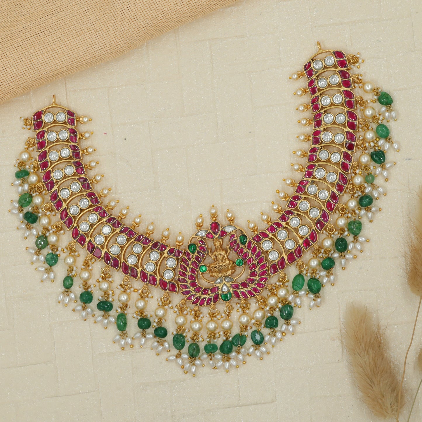 Richly Detailed Temple Necklace with Lakshmi Motif and Multi Layered Beads