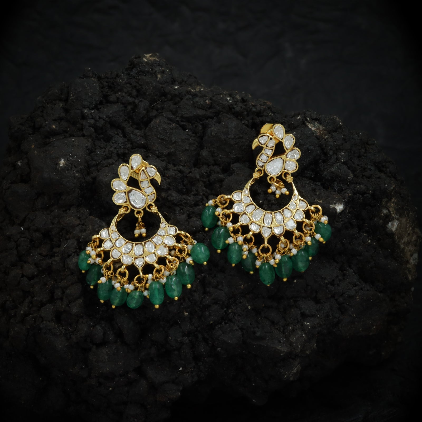 Peacock Motif Jadau Hanging Earrings with Crescent Kundan Fan and Bead Danglers