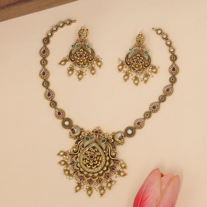 Antique Peacock Floral Crest Necklace Set