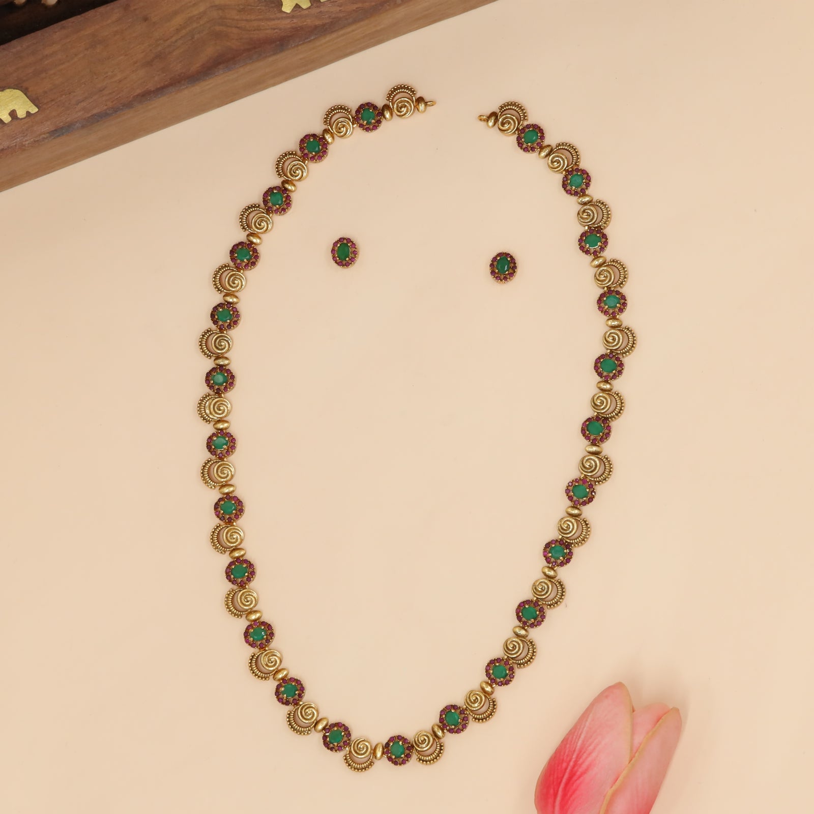 Temple Style Long Haara with Alternating Floral Discs and Curved Motifs