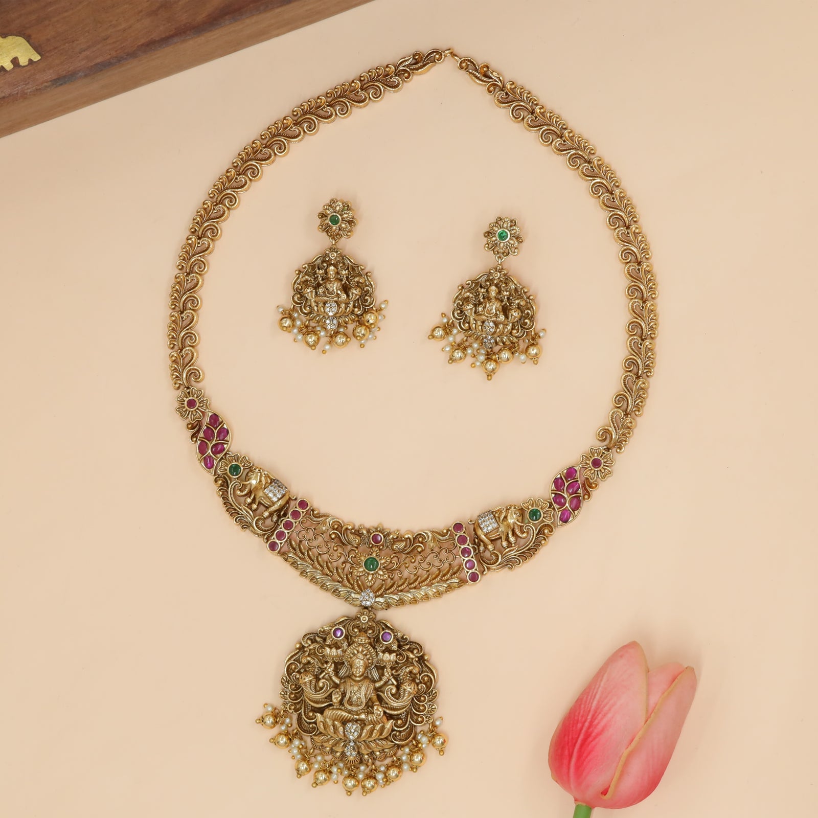 Temple Scroll Long Haara with Lakshmi Pendant and Elephant Side Motifs