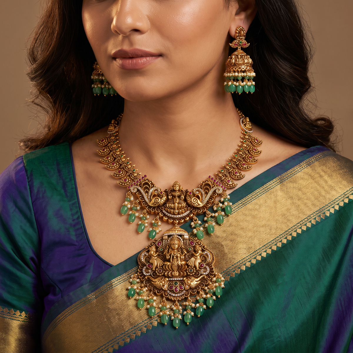 Antique Lakshmi Peacock Grand Pendant Necklace