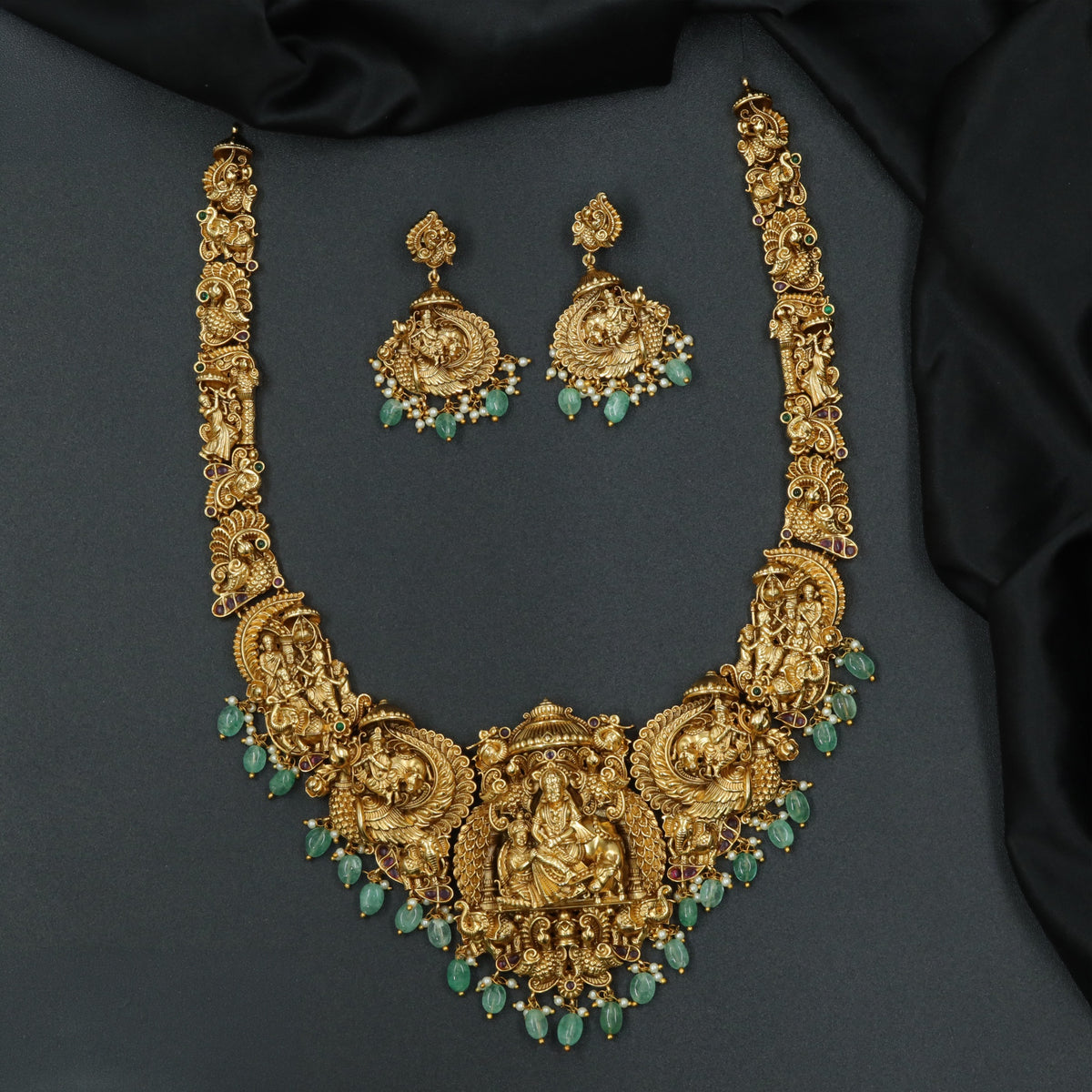 Grand Antique Long Haara With Sculpted Lakshmi Figures