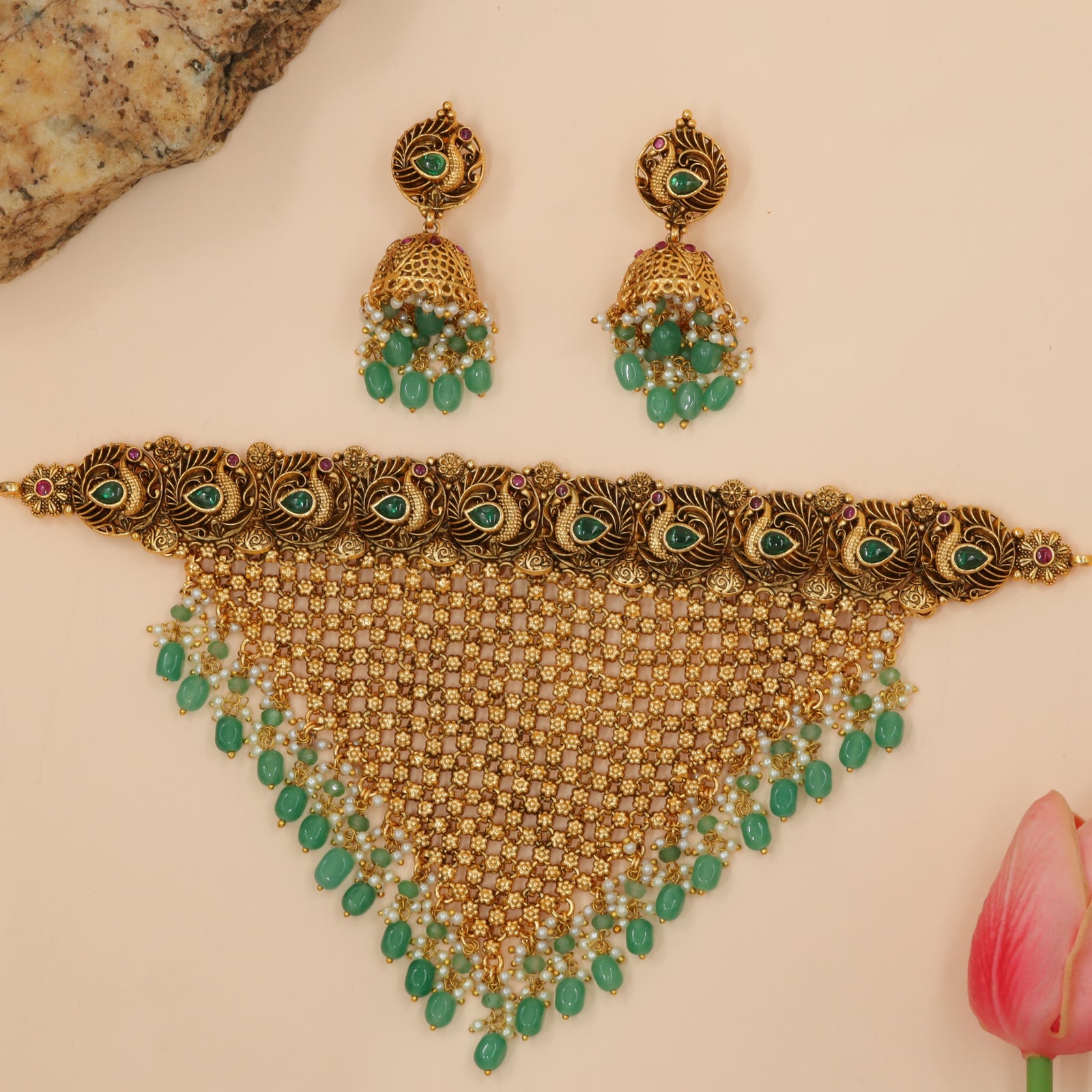Antique Peacock Motif Mesh Choker Set