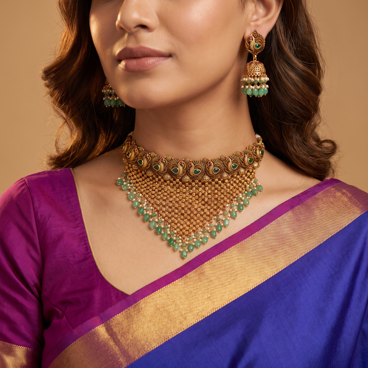Antique Peacock Motif Mesh Choker Set