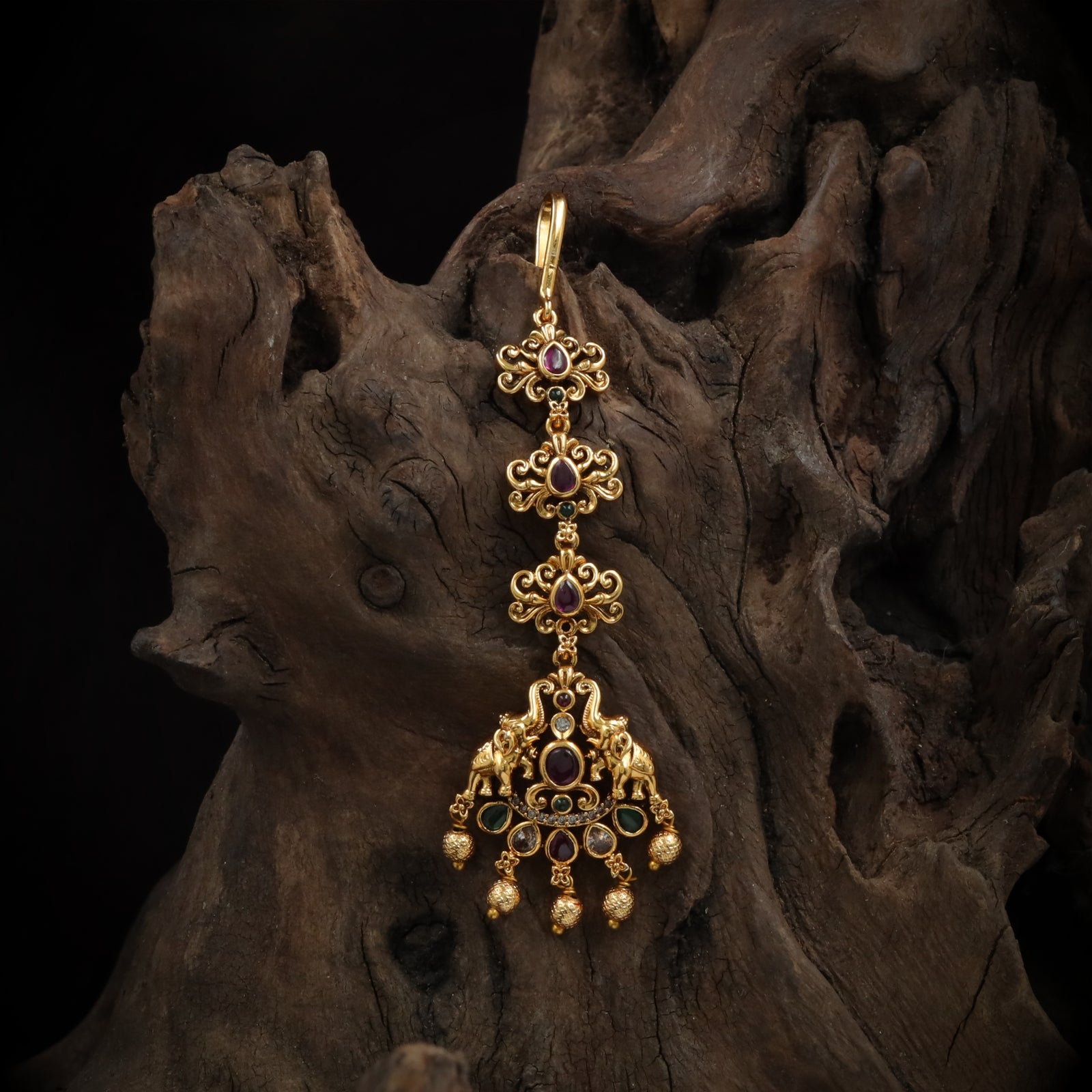Antique Twin Elephant Drop Maang Tikka