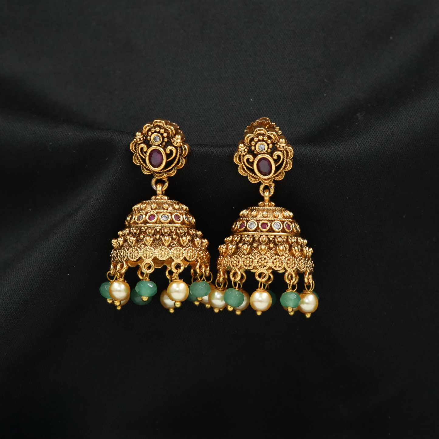 Royal Antique Gold Finish Jhumkas Featuring Floral Stud and Bell Drop