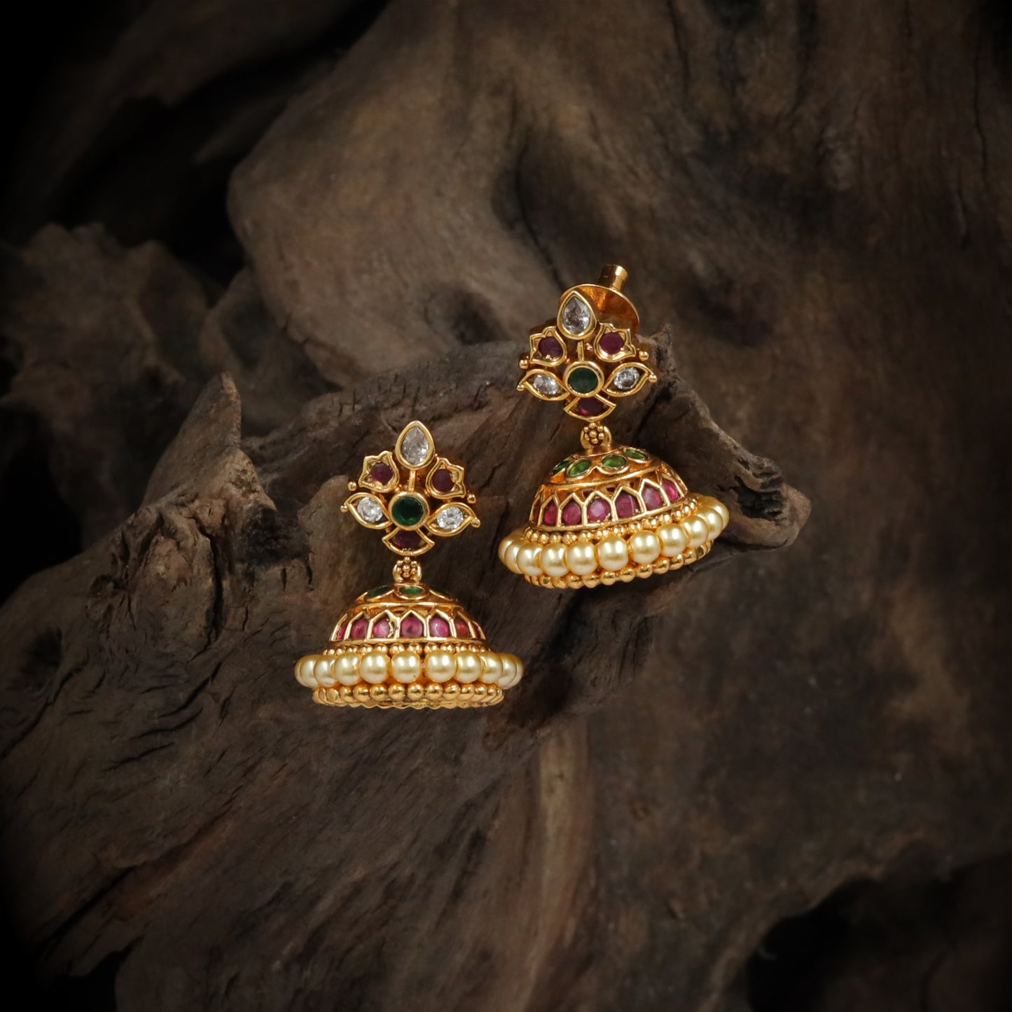 Antique Floral Jhumka Earrings with Pearl Drop Border