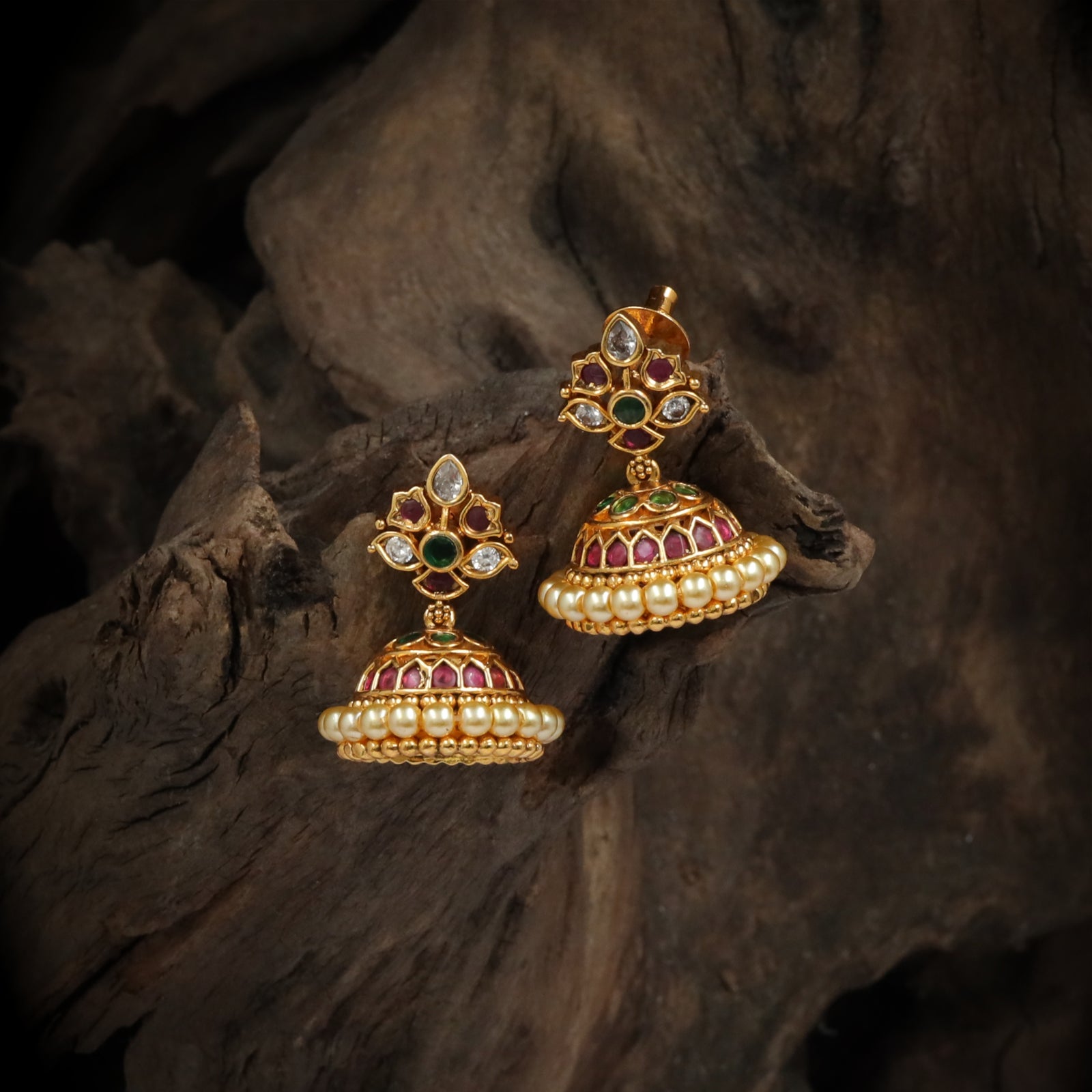 Antique Floral Jhumka Earrings with Pearl Drop Border