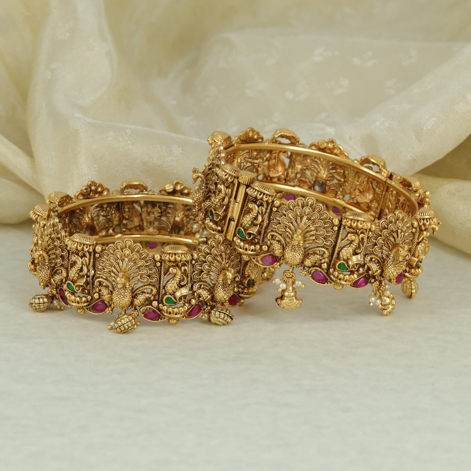 Antique Peacock Motif Jhumka Heritage Bangle Set