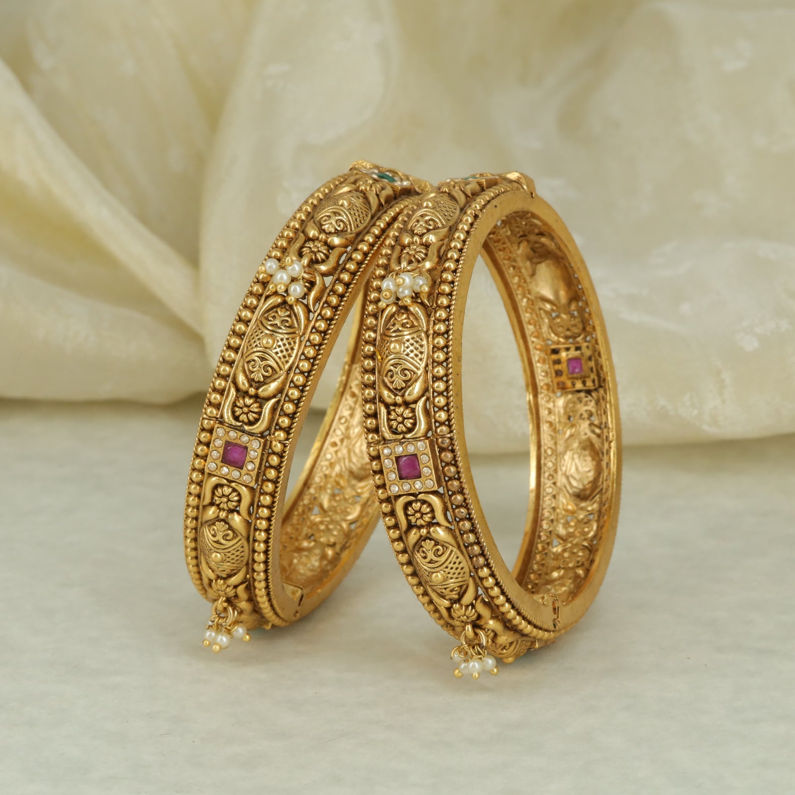 Antique Floral Carved Bangle Set