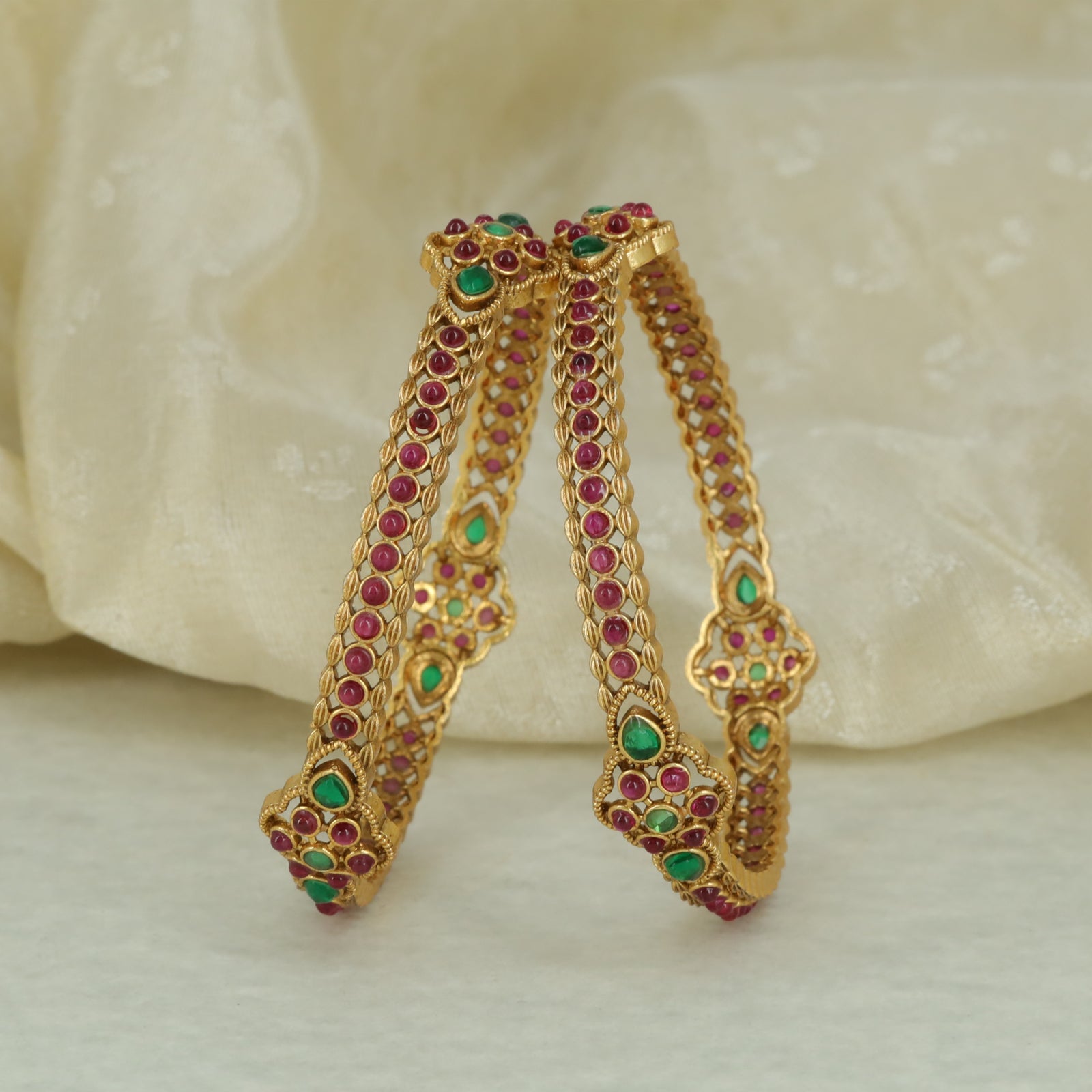 Antique Floral Stone-Studded Bangle Set